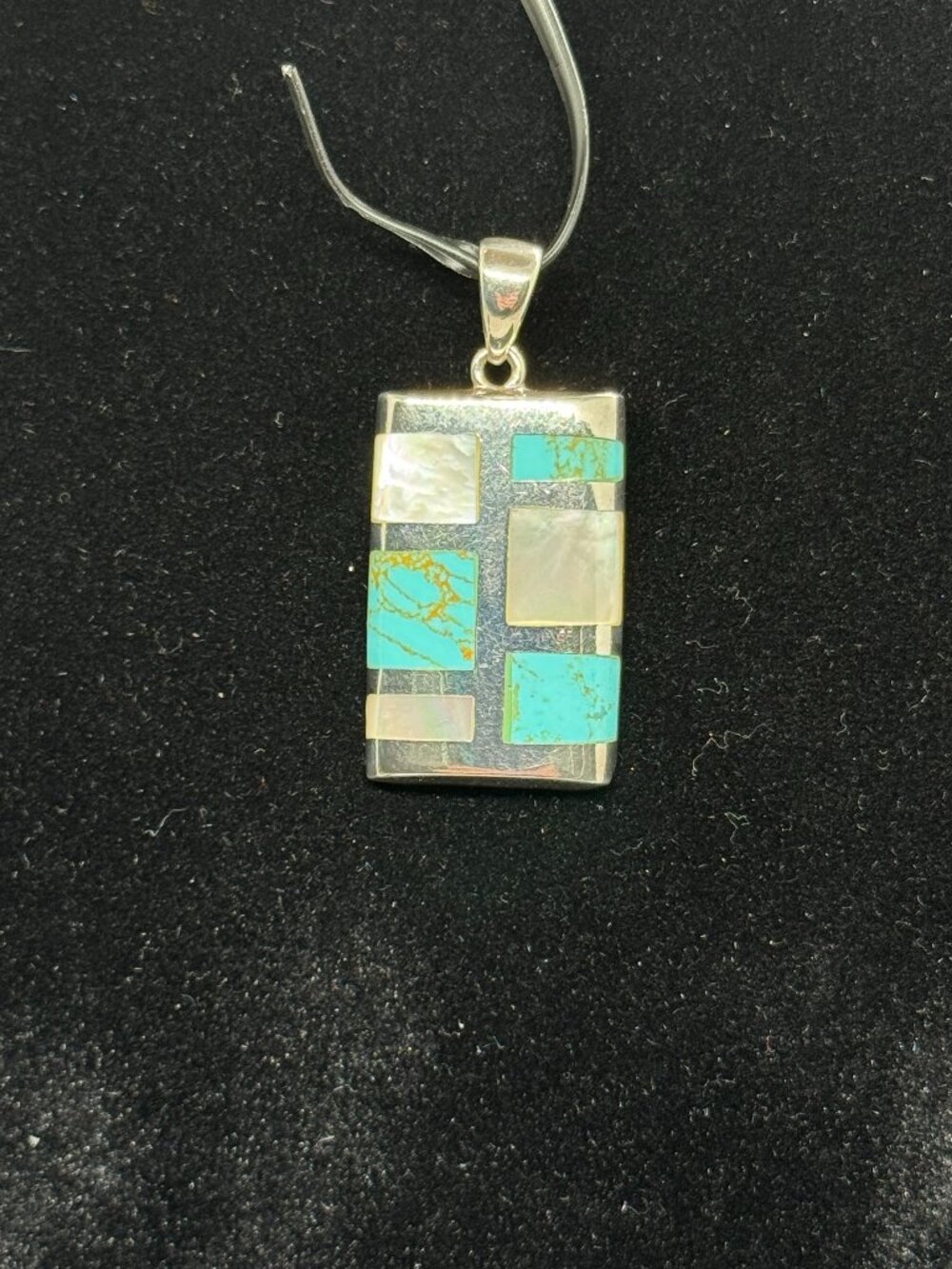 925 Sterling Silver Turquoise Mother of Pearl Inlay Pendant Southwest
